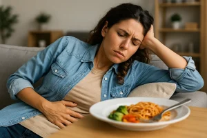 Doctors Warn Never Do This After a Meal Image of Young Woman Upset After Meal by NavyaEdu