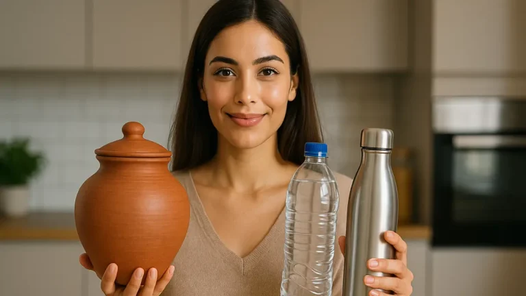 Clay Pot vs Plastic vs Steel, Which Water Is Healthiest? A Woman Having Pot, Plastic And Steel Bottle Thumbnail Image by NavyaEdu