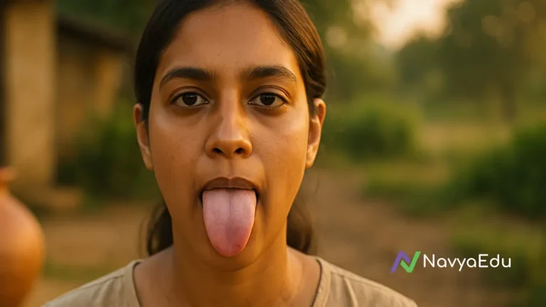 Indian woman outdoors in golden sunlight, sticking out her tongue to display tongue color for health diagnosis, with a natural background of a rural setting and clay pot.