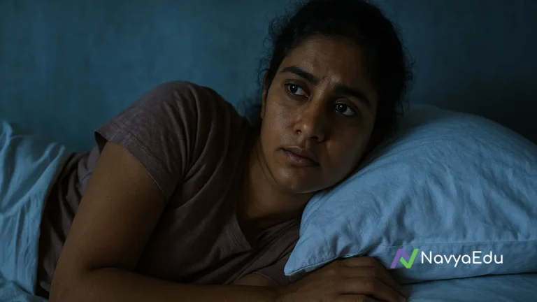 Why You Wake Up at 3 AM Every Night 1 A concerned Indian woman lying awake in bed at 3 AM, reflecting sleep disruption explained by science and Ayurveda.